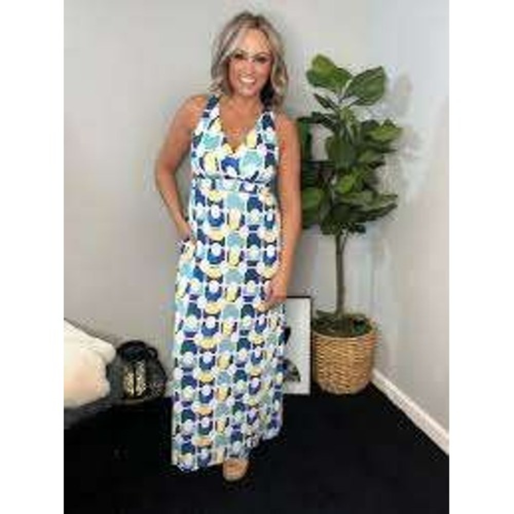 Soma Maxi Dress Women Large Blue Yellow Geometric Halter V-Neck Jersey‎ Knit